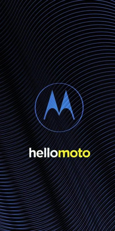 Logo Motorola avec le texte "hellomoto" sur un fond bleu ondulé