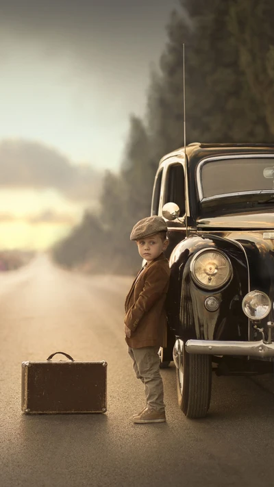 Niño joven con una maleta vintage al lado de un coche clásico en una carretera tranquila