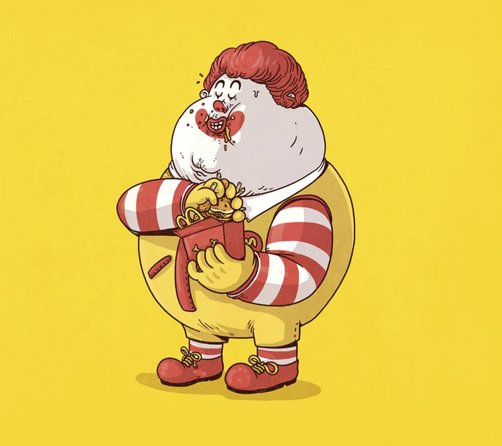 Un personaje de dibujos animados de un hombre sosteniendo una bolsa de comida (arte, payaso, ilustración, mc donalds)