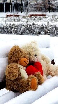 Two Plush Bears Sharing a Heart on a Snowy Valentine's Day