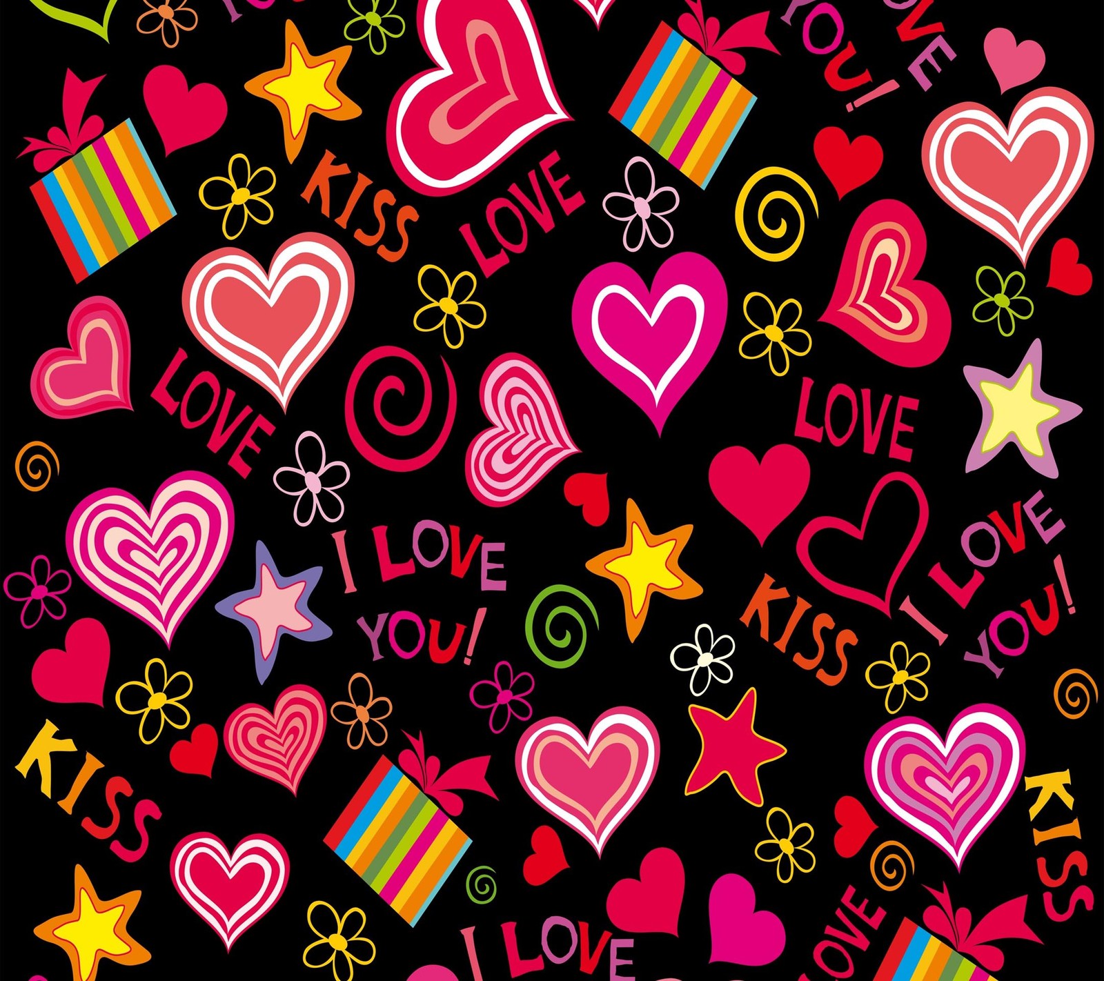 A close up of a black background with lots of hearts and stars (beautiful, cute, look, nice)