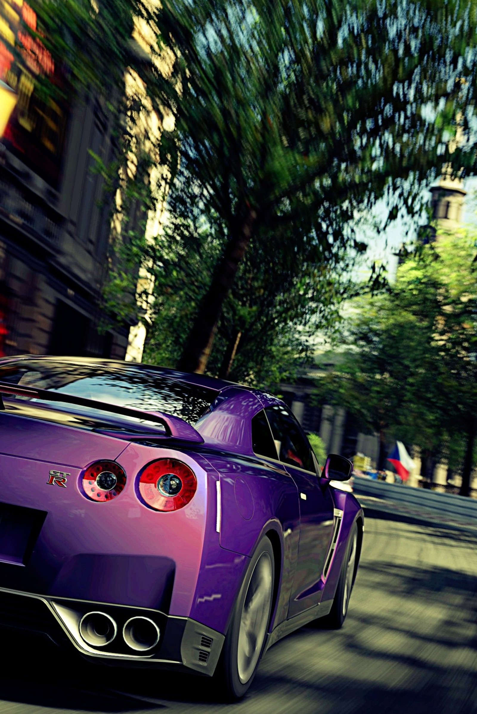 Une voiture de sport violette roulant dans une rue de la ville en plein jour (car speed, gtr, iphone)