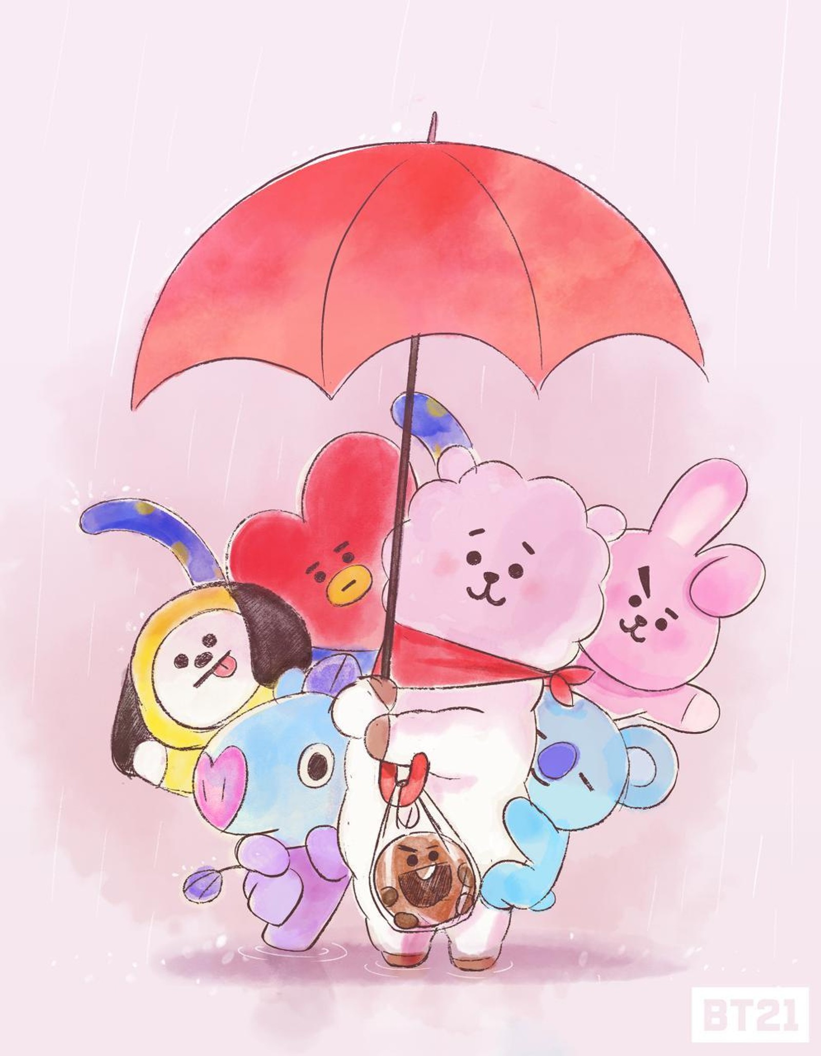 Personnages de dessins animés tenant des parapluies sous la pluie avec un chien (bt21, bts)