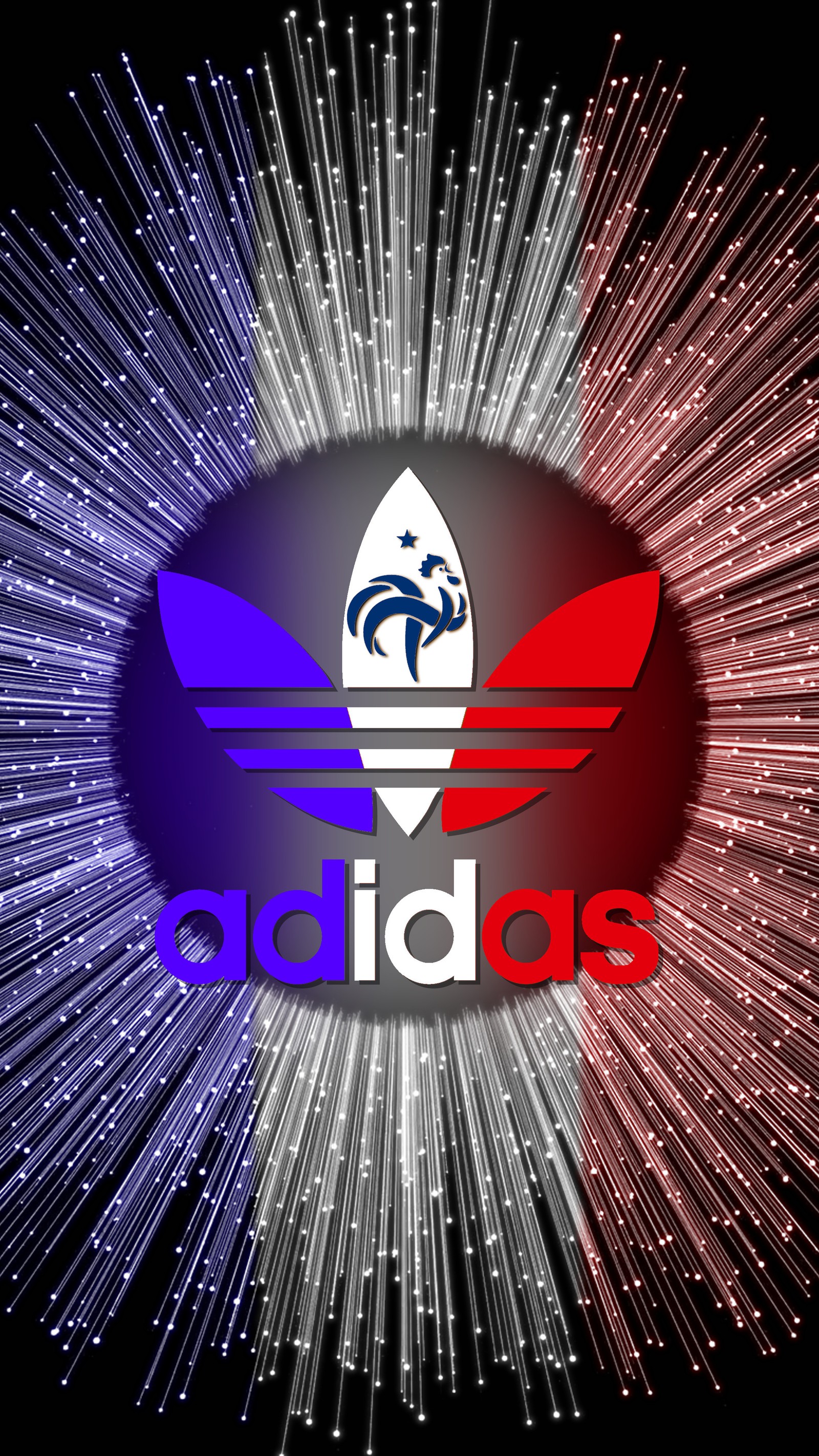 Logotipo da adidas em um fundo de linhas coloridas (pé, frança, padrão)