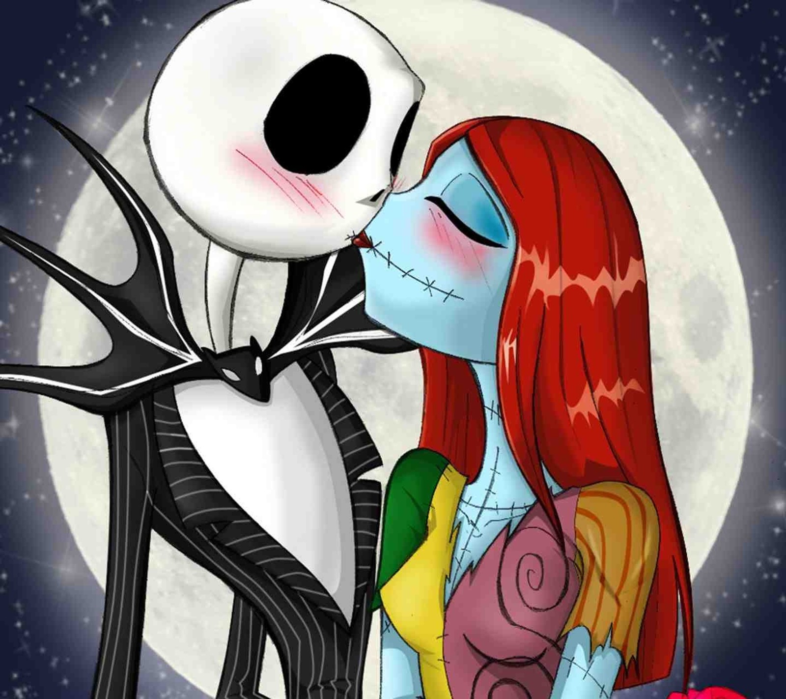 Image cartoon d'un couple s'embrassant sous la pleine lune (jack et sally, jacknsally, amour, nbc, cauchemar)