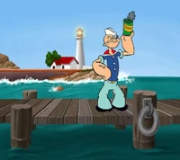 Popeye the Sailor Holding a Can of Spinach on a Dock with a Lighthouse in the Background