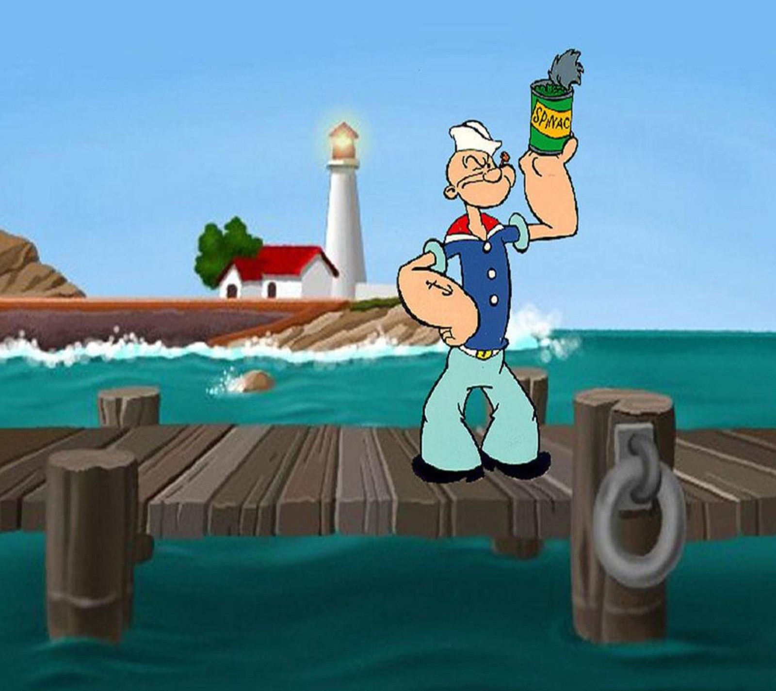 Caricatura de un hombre de pie en un muelle sosteniendo una lata de cerveza (dibujos animados, popeye)