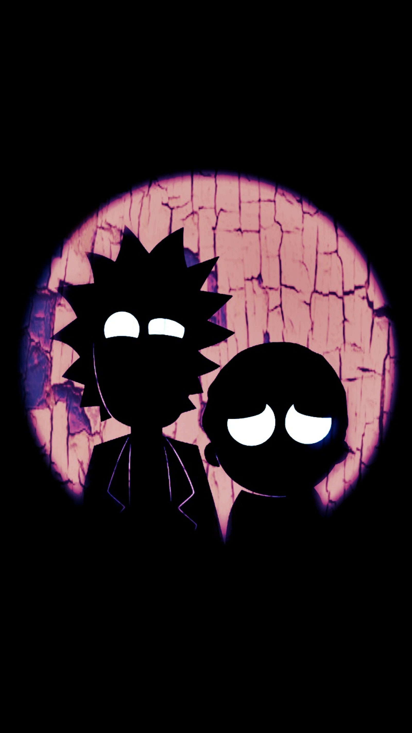 Cartoon characters in a dark room with a cracked wall (morty, rick, rick and morty)