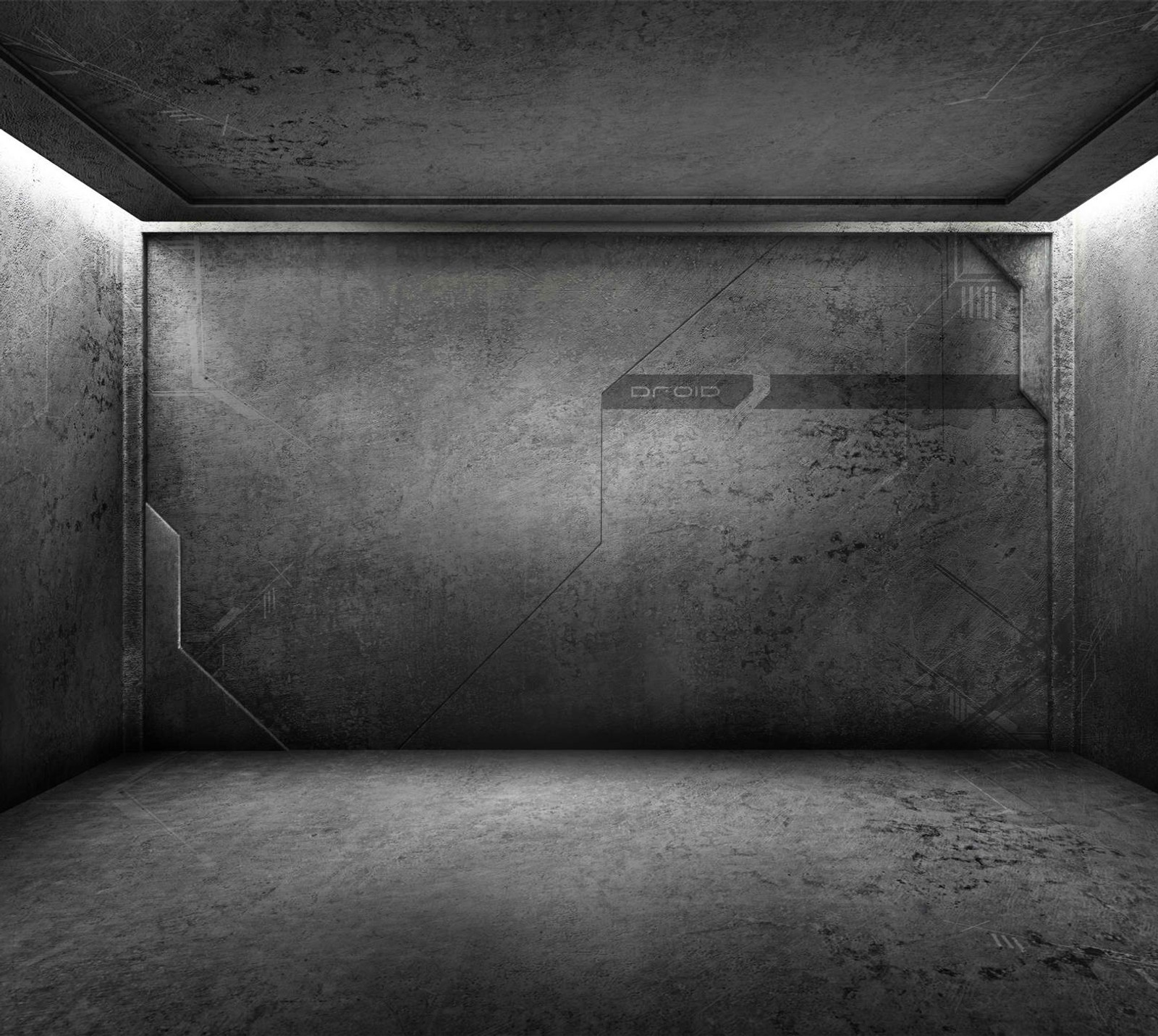 A black and white photo of a concrete room with a light coming in (3d, empty, metal, room)