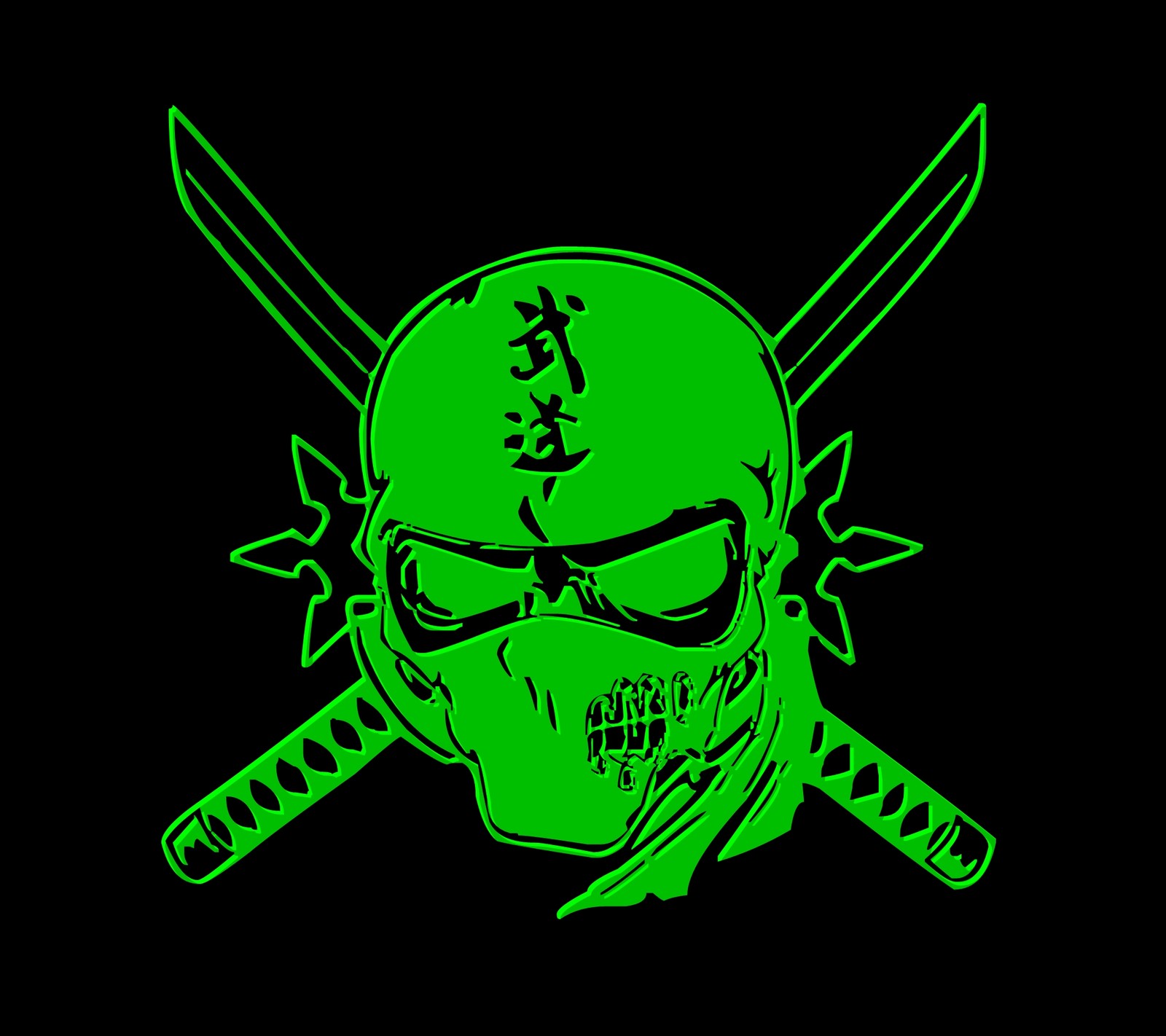 A close up of a green skull with two swords on a black background (green, ninja)