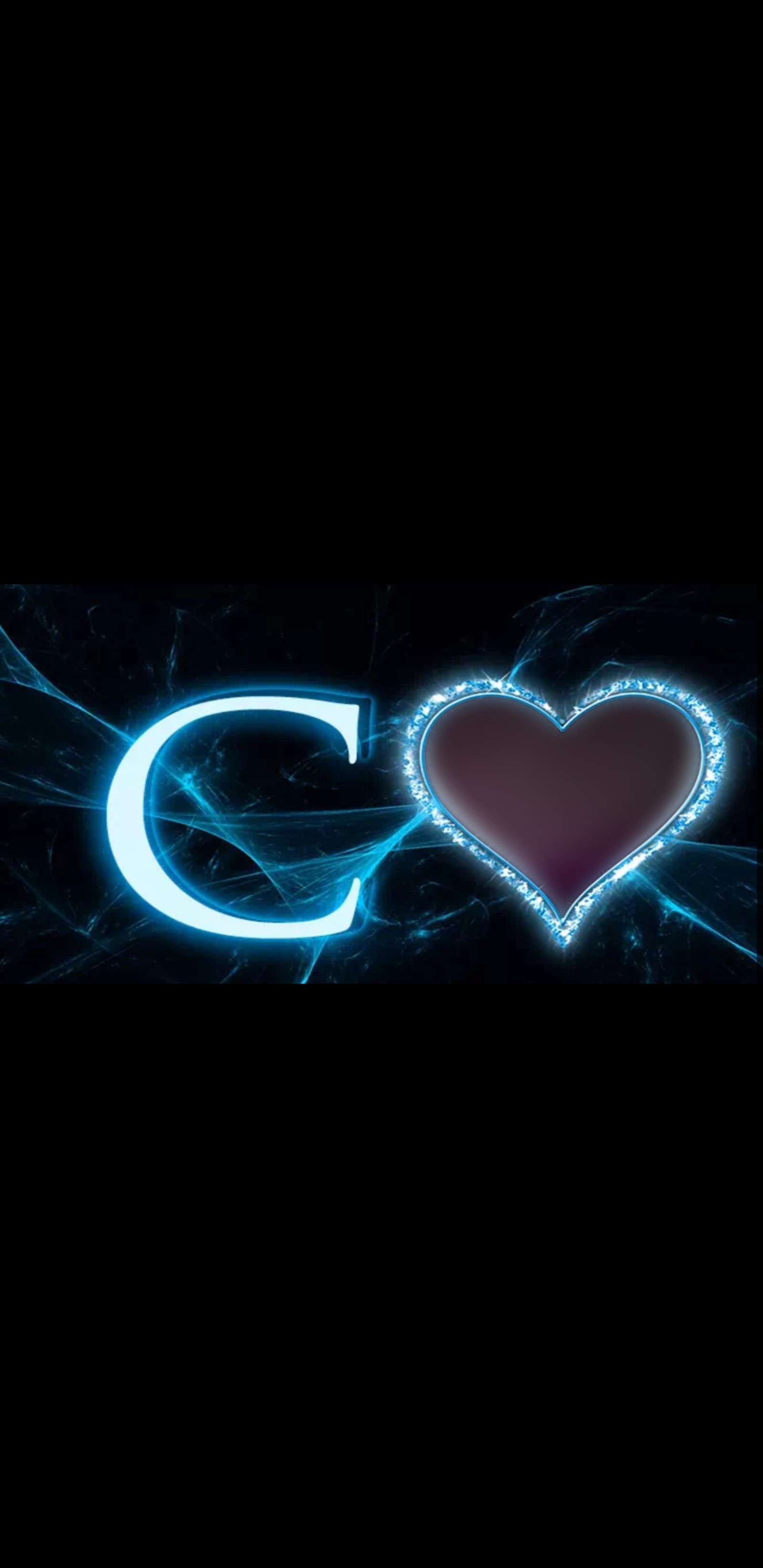 A close up of a heart and a letter c on a black background (lightning, blue, letter, alphabets, heart)