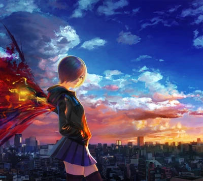 Anime Character Against a Vibrant Sunset Skyline