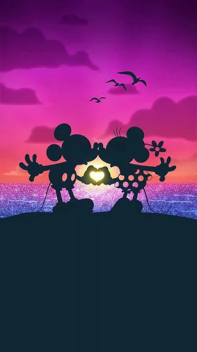 Silhueta de Mickey e Minnie Mouse compartilhando um beijo romântico ao pôr do sol