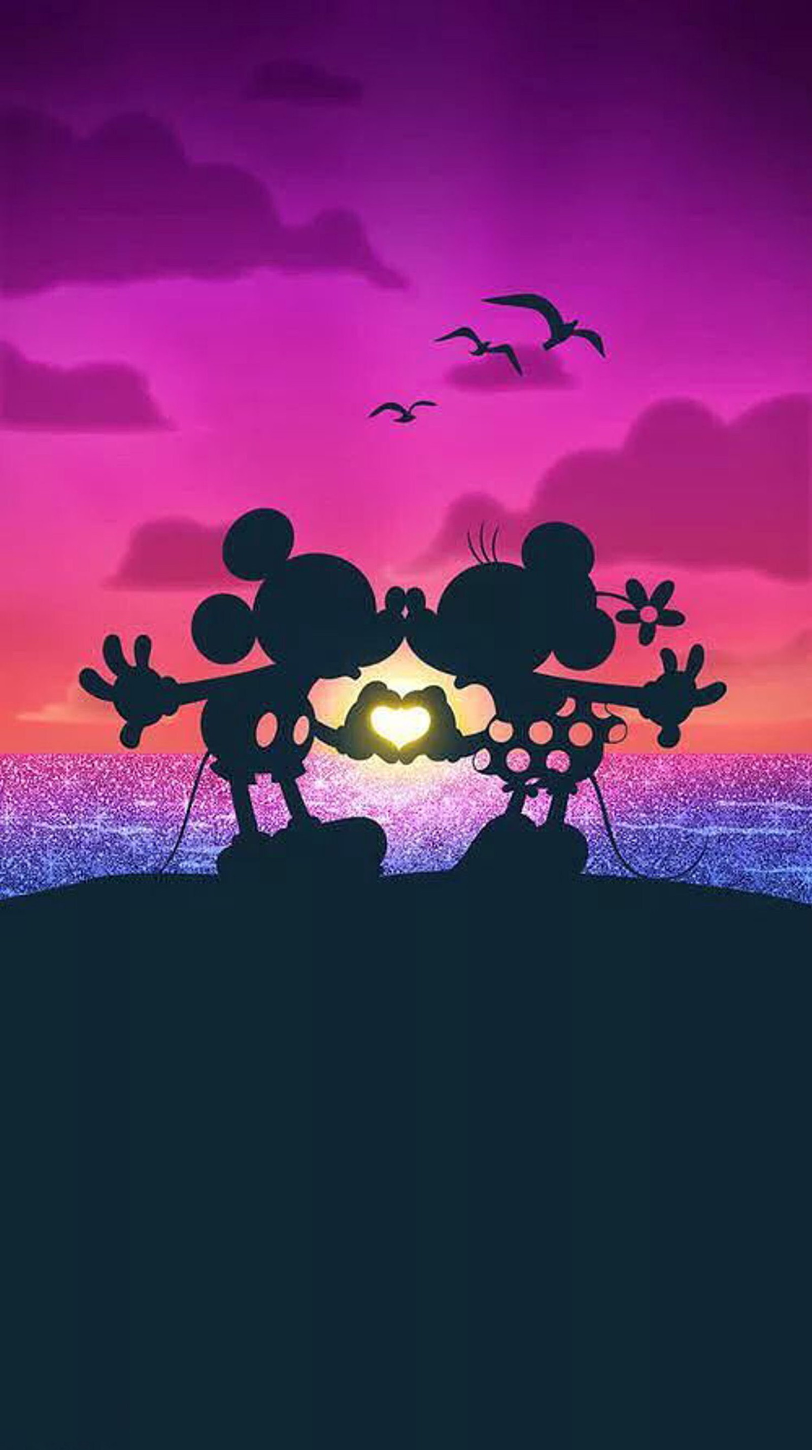 Mickey and minnie mouse silhouetted against a sunset sky (kiss, love)