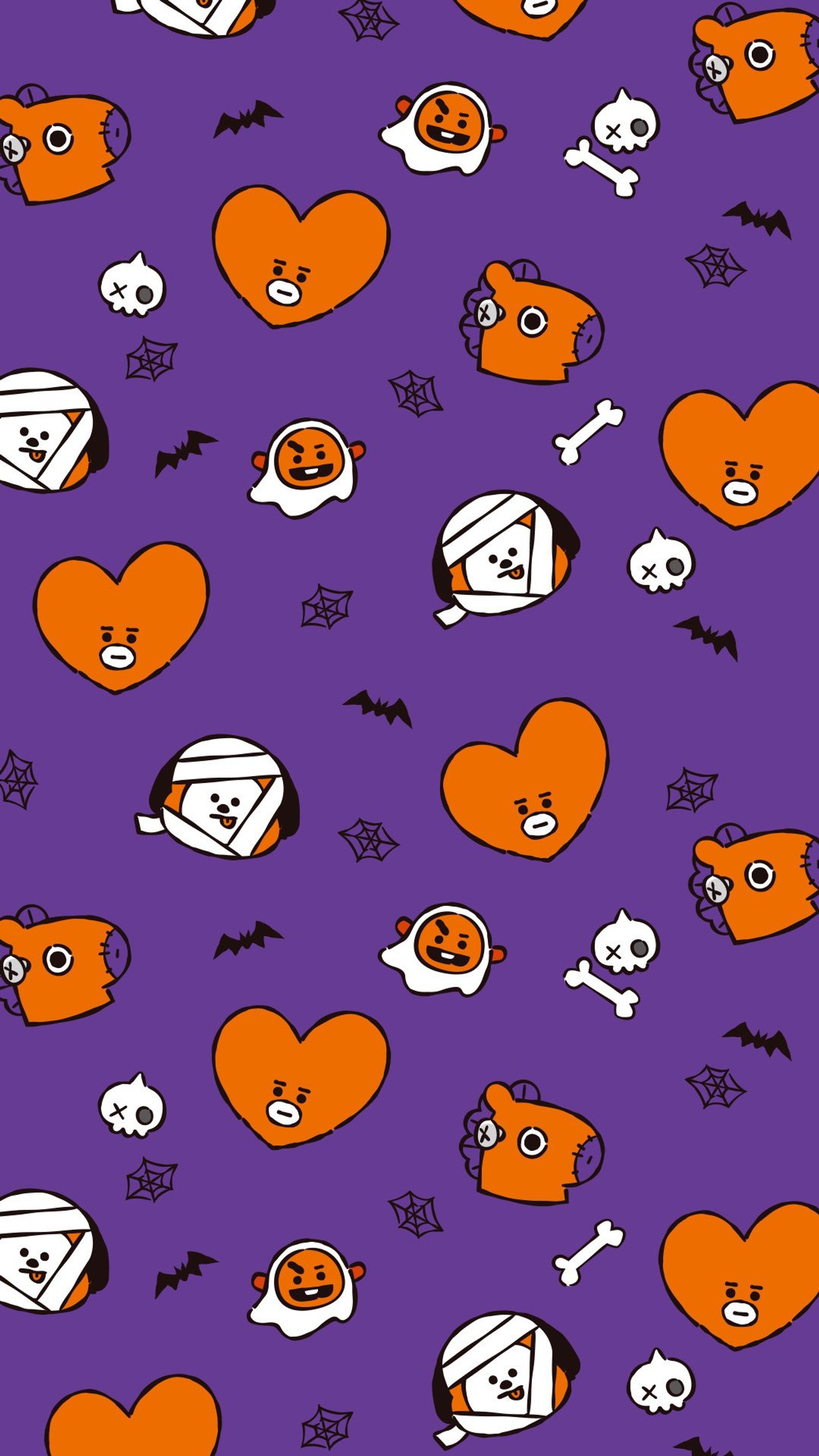 Un fond violet avec plein d'objets sur le thème d'halloween (bts, bt21, kpop, mignon, cartoon)