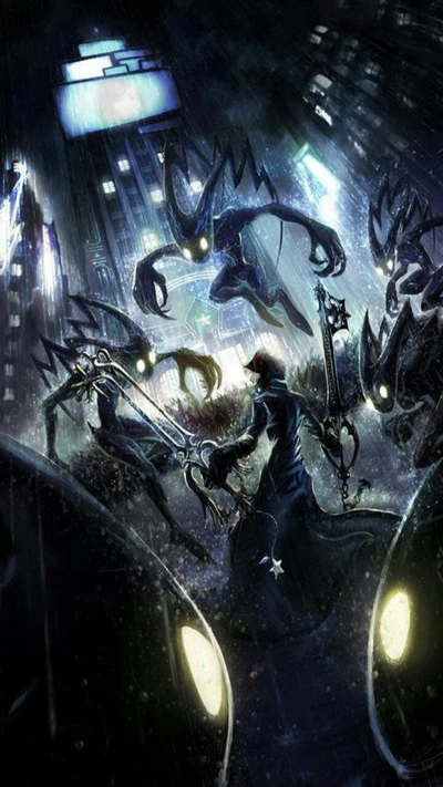 A dark, atmospheric scene depicting a lone figure confronting shadowy Heartless creatures in a rain-soaked urban environment, capturing the essence of danger and bravery from the Kingdom Hearts universe.