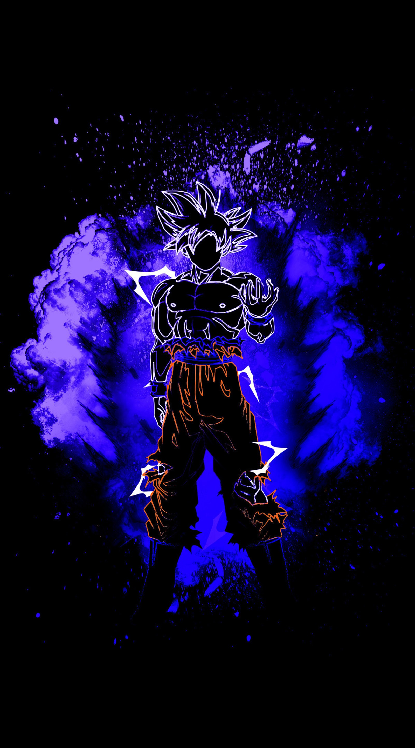 Un gros plan d'une personne avec un fond violet et noir (art, noir, dessin, goku, kakarotto)