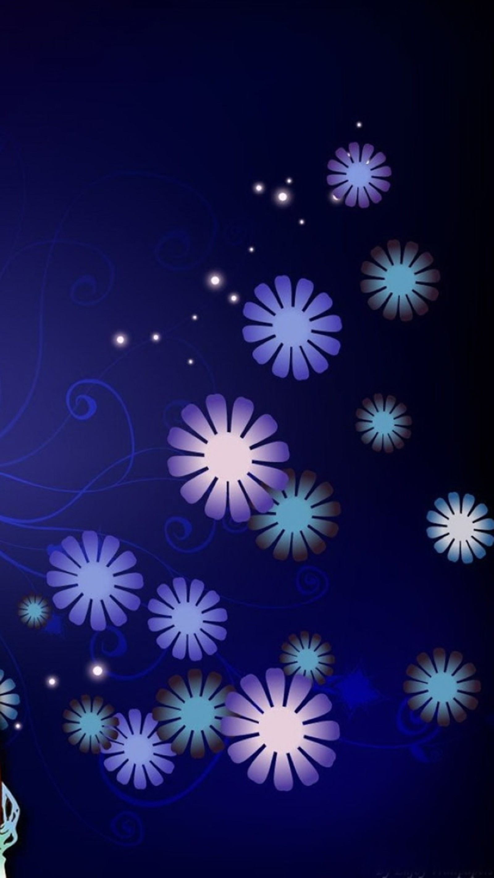 Purple and blue flowers on a dark blue background with stars (abstract, floral, wallpaper)