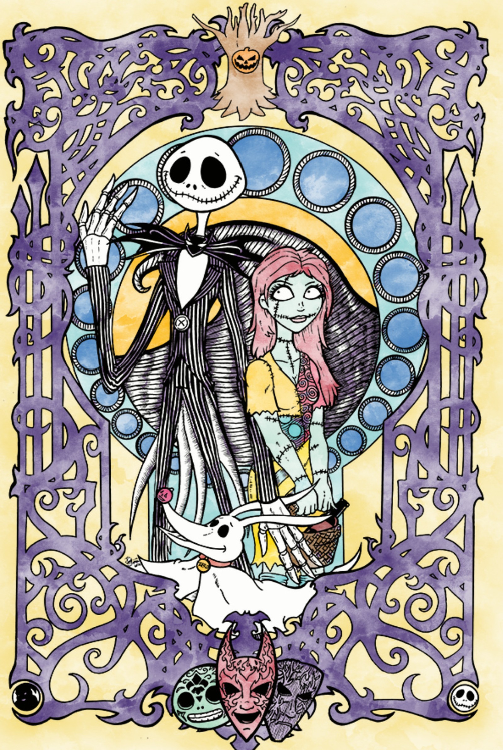 Eine zeichnung eines paares jack und sally, die sich die hände halten (jack skellington, nightmarebeforechristmas, sally)