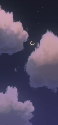 Crescent Moon Amidst Azure Cumulus Clouds