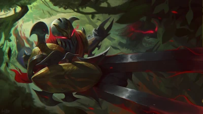 Zed, o Mestre das Sombras, emerge da selva em League of Legends.