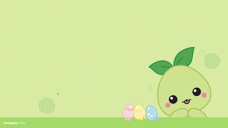 There is a green apple with a leaf and three eggs (lost ark, kawaii, mokoko, pastel green, cute)