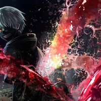 Ken Kaneki em uma pose de batalha dinâmica, cercado por uma energia vibrante e caótica, incorporando a intensa atmosfera de "Tokyo Ghoul".