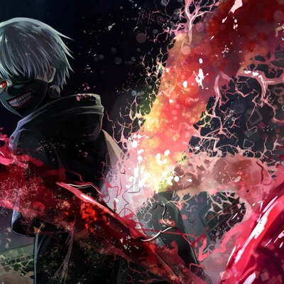 Ken Kaneki dans une pose de combat dynamique, entouré d'une énergie vibrante et chaotique, incarnant l'atmosphère intense de "Tokyo Ghoul".