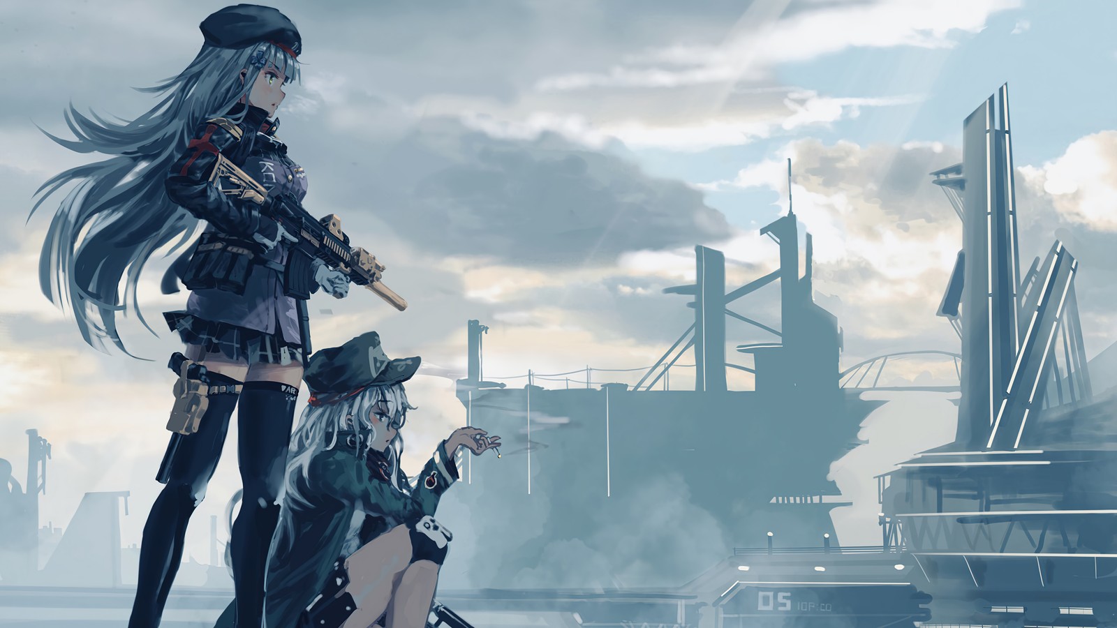 Un couple de femmes se tenant côte à côte sur un bateau (anime, girls frontline, jeu vidéo, filles danime, g11)