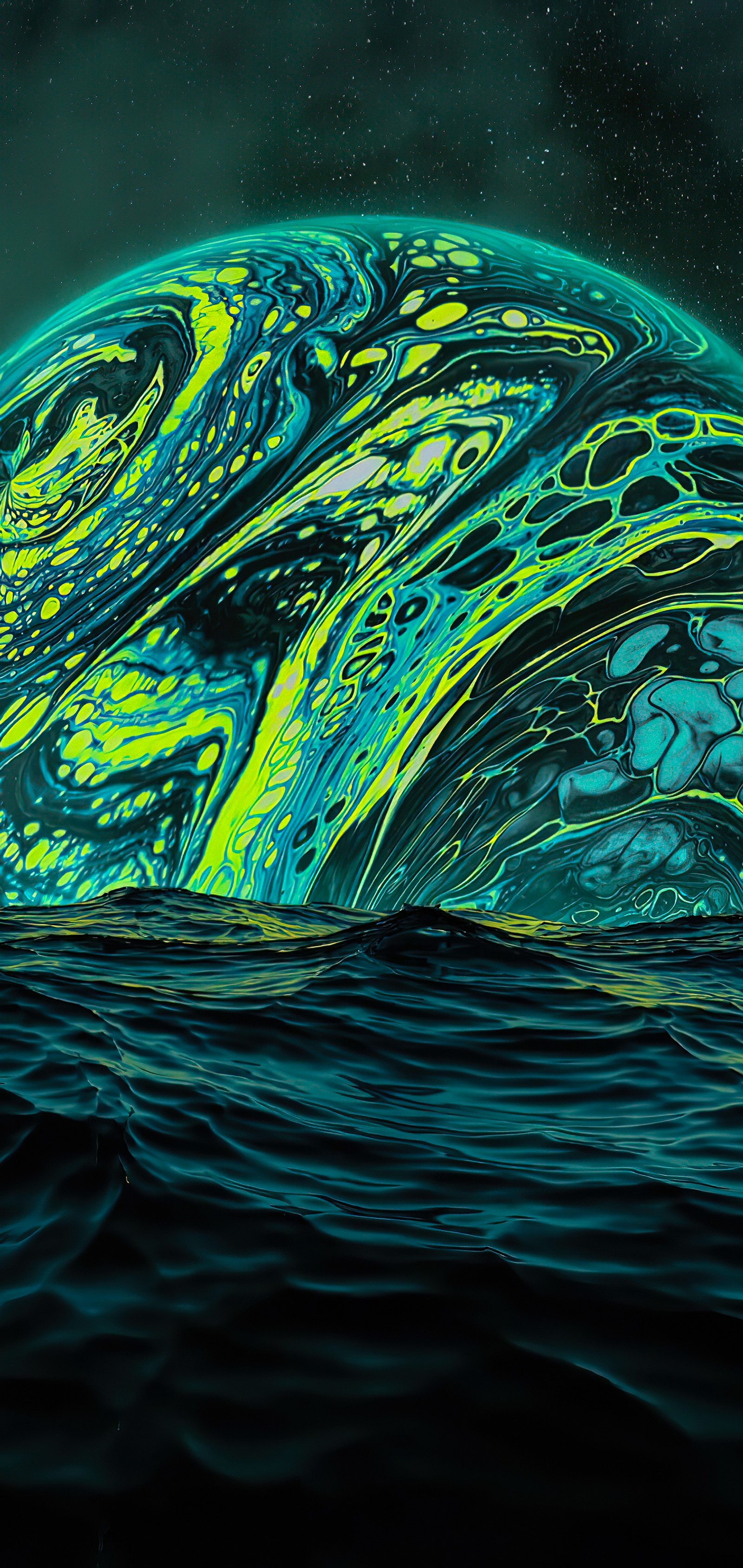 Painting of a green and blue wave in the ocean (reflection, planet, water, water resources, liquid)