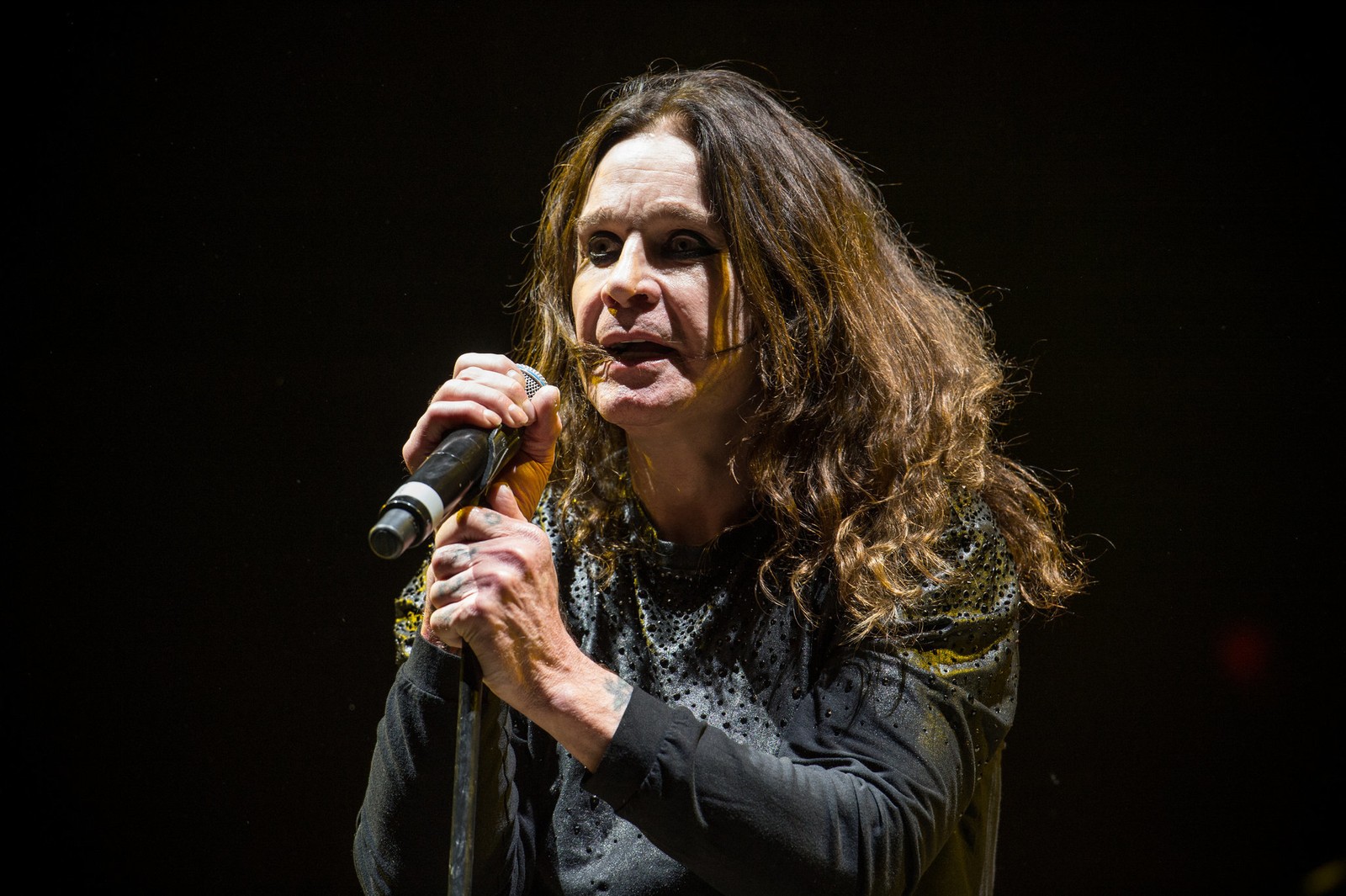 Una mujer arafed con cabello largo sosteniendo un micrófono en la mano (ozzy osbourne, black sabbath, desempeño, cantando, artista musical)