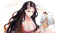 Nezuko Kamado en su forma demoníaca, mostrando sus distintivos cuernos y complejas tatuajes, encarnando el feroz espíritu de "Demon Slayer: Kimetsu no Yaiba".