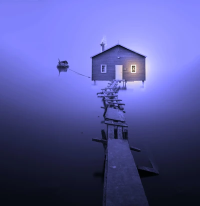 Serene Violet Boathouse on a Misty Pier