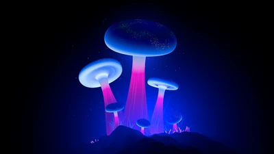 Champignons lumineux et vibrants dans une esthétique bleue fantastique