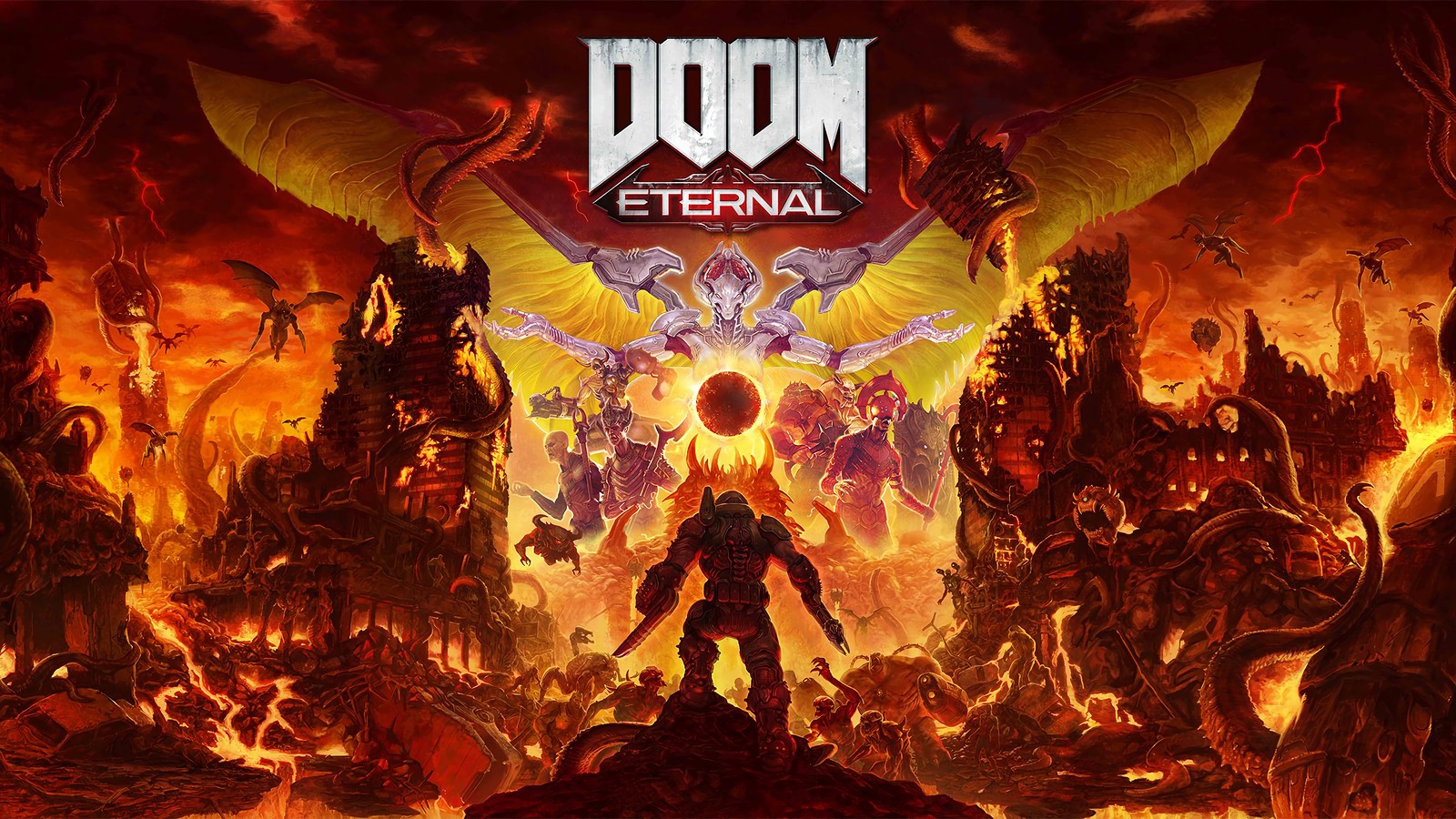 Скачать обои doom eternal, видеоигра, думгай, doomguy, монстр