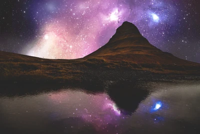 Ciel nocturne coloré reflété dans l'eau sous des montagnes majestueuses