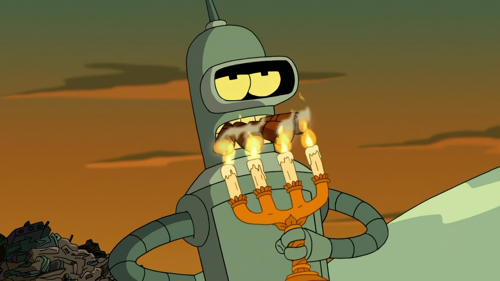 Um close de um personagem de desenho animado segurando uma vela acesa (bender, futurama, série de televisão, desenho animado)