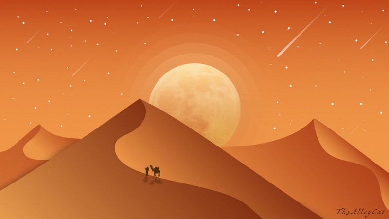 Um casal de pessoas caminhando por um deserto sob uma lua cheia (sobremesas, arte, forma de relevo eólico, ilustração, noite)