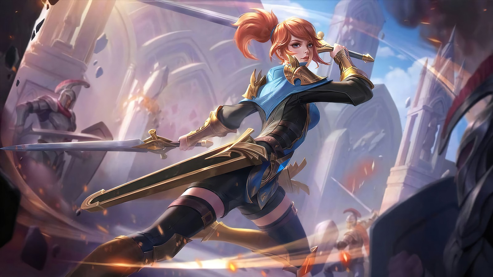 Une femme en tenue bleue et noire tenant une épée (fanny, guerrier impérial, peau, mobile legends, bang bang)