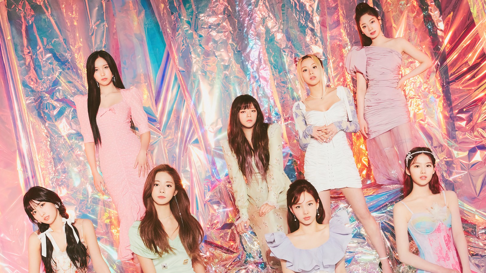 Las chicas de la generación están todas vestidas con atuendos pastel (dos veces, 트와이스, álbum sabor a amor, kpop, grupo de chicas coreano k pop)