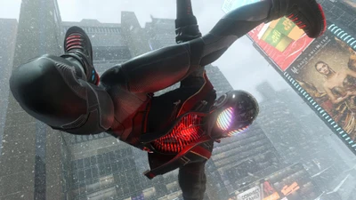 Miles Morales swinging through a snowy cityscape in his iconic PS5 suit.