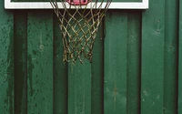 Wettergegerbener Basketballkorb gegen eine grüne Holzwand.