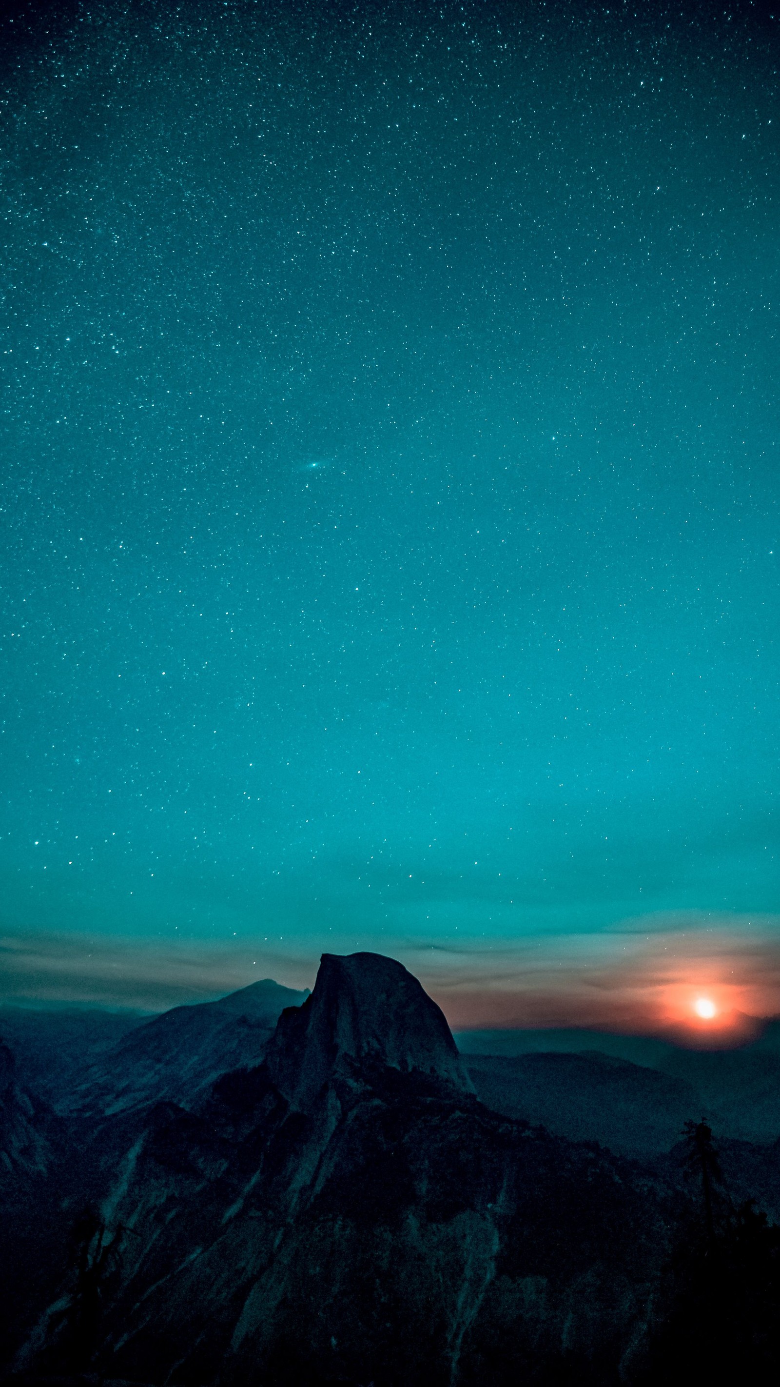 Starry sky over a mountain with a bright orange sun (space, darkness, night, atmosphere, ecoregion)