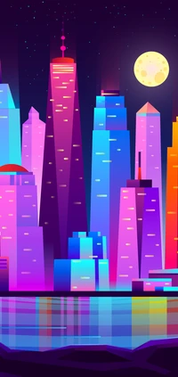 Vibrant Night Cityscape Illustration with Moon and Reflections