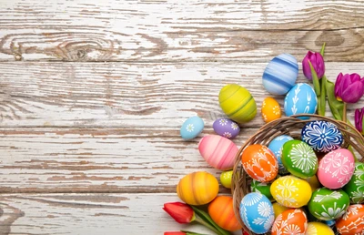 Oeufs de Pâques vibrants et fleurs de printemps pour une célébration de chasse aux œufs