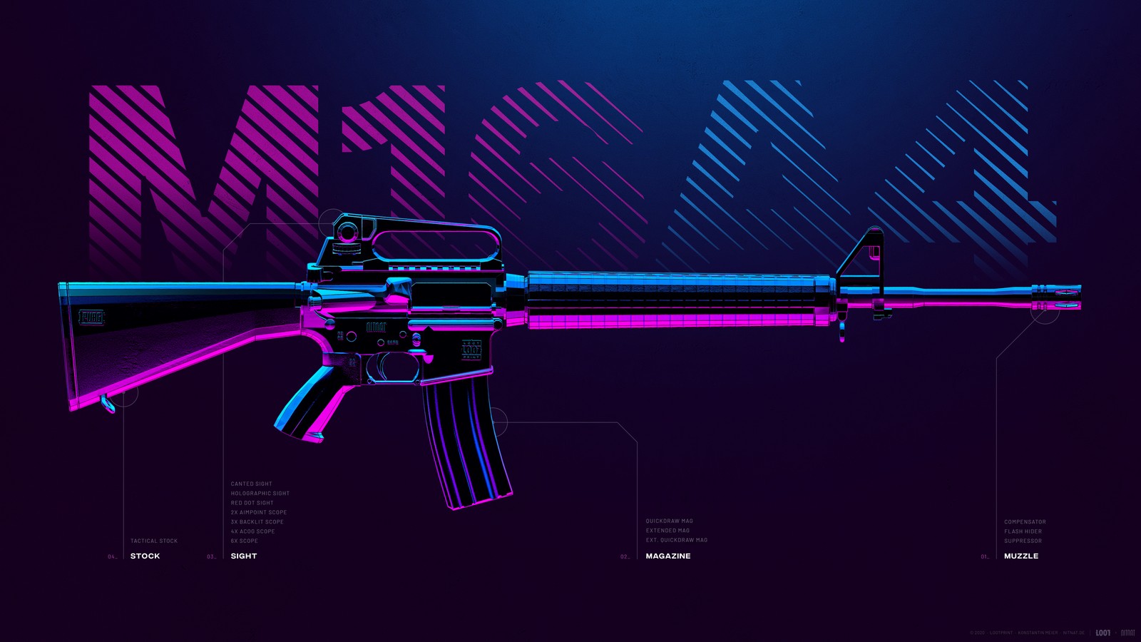 Um rifle com um fundo neon e um fundo azul (m16a4, rifle de assalto, pubg mobile, playerunknowns battlegrounds, jogos)