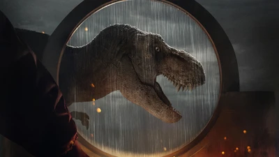 Tyrannosaurus Rex, der durch ein regnerisches Portal in Jurassic World Dominion brüllt