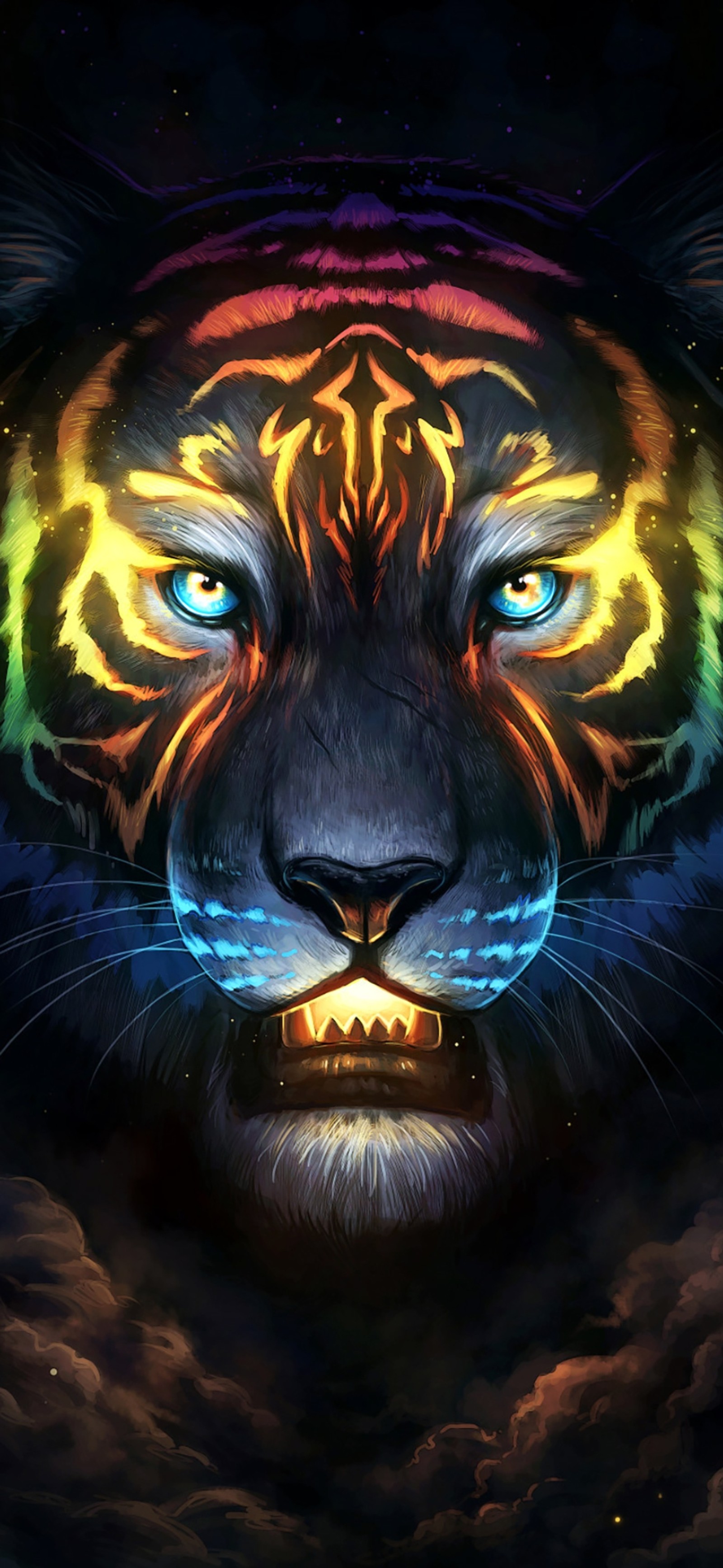 Tiger with glowing eyes and glowing teeth in the dark (tiger, lion, felidae, painting, big cats)