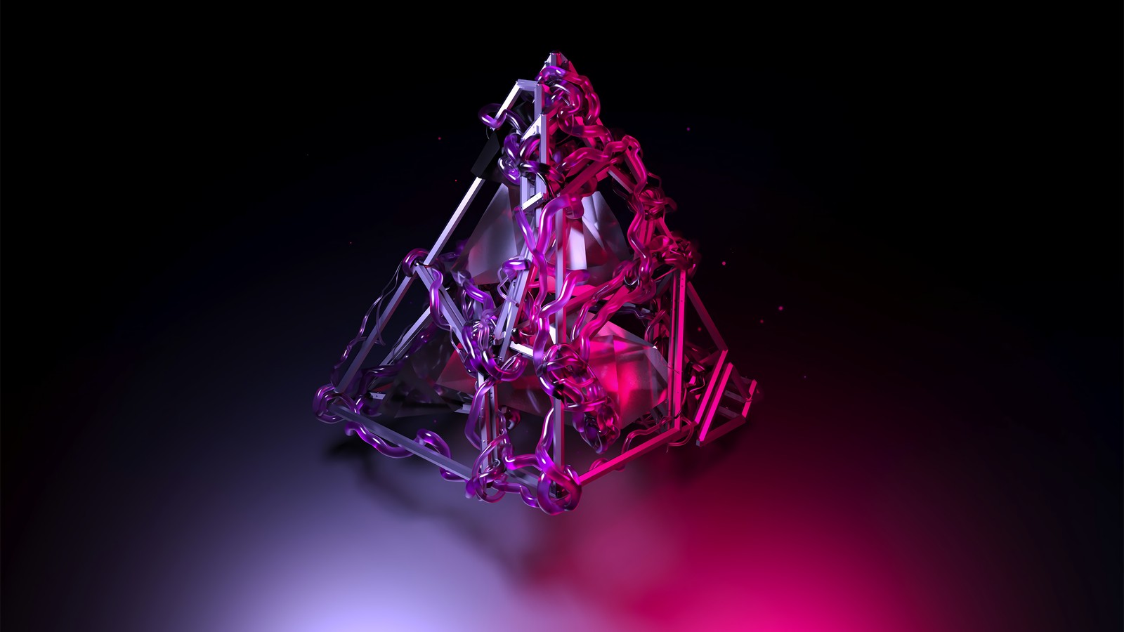 A close up of a purple crystal on a black surface (digital art, pyramid)