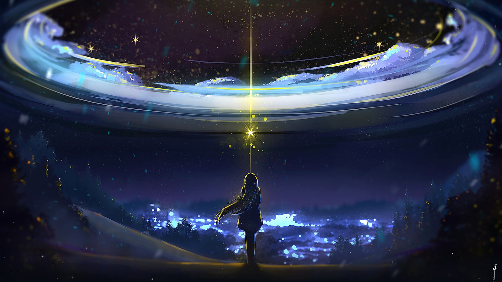 Anime, uma pessoa em pé na frente de uma estação espacial com uma estrela no céu (anime, noite, céu, cenário)